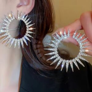 Lux! Silver Spike Rhinestone Hoop Earring – 40mm Statement Sparkle Circle